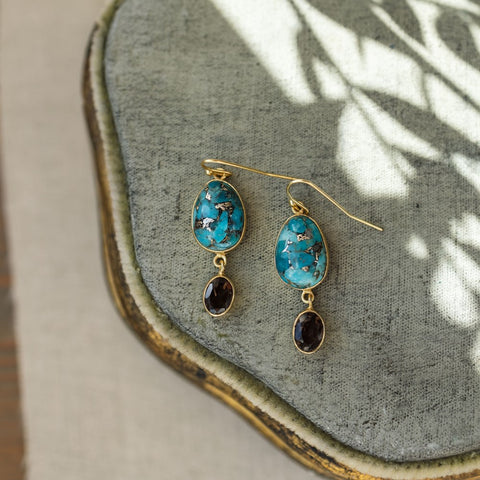 Bhavya Earrings-copper turquoise, smoky topaz