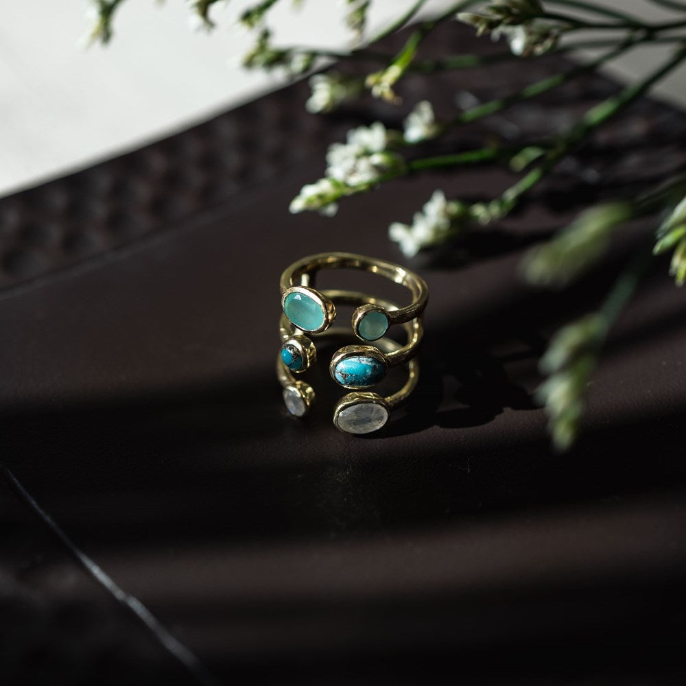 Laksha Ring-moonstone, copper turquoise, chalcedony