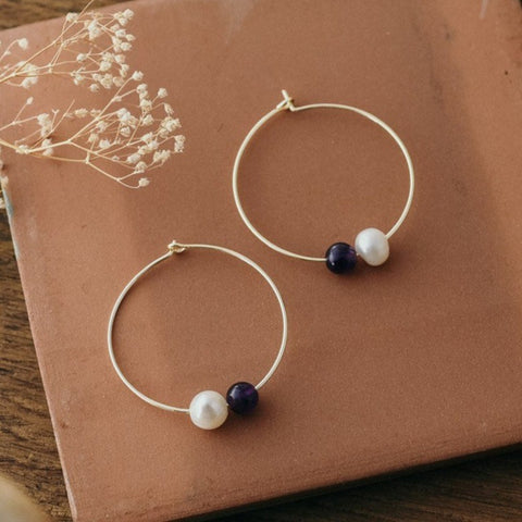 earthy whispers hoops-pearl/amethyst